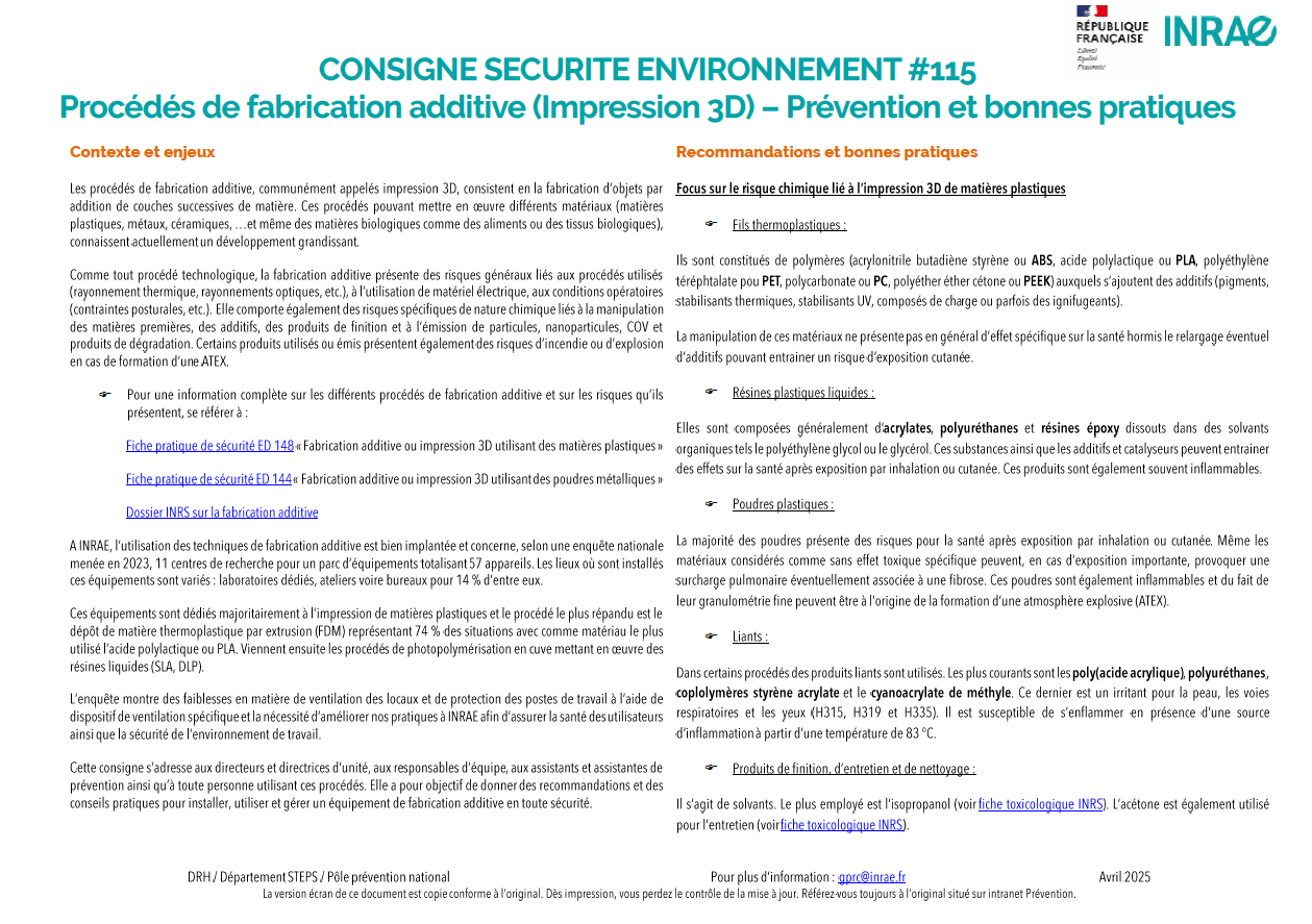 la consigne sur la sécurité d’impression 3D au bureau par inrae